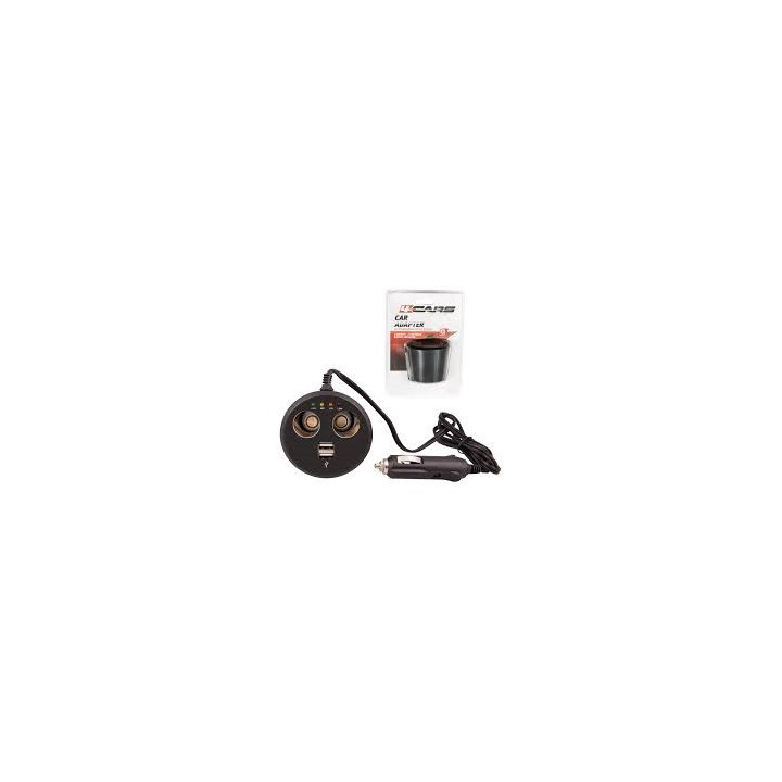 Rozdvojka autozapaľovača 12V s 2x USB a testerom batérie