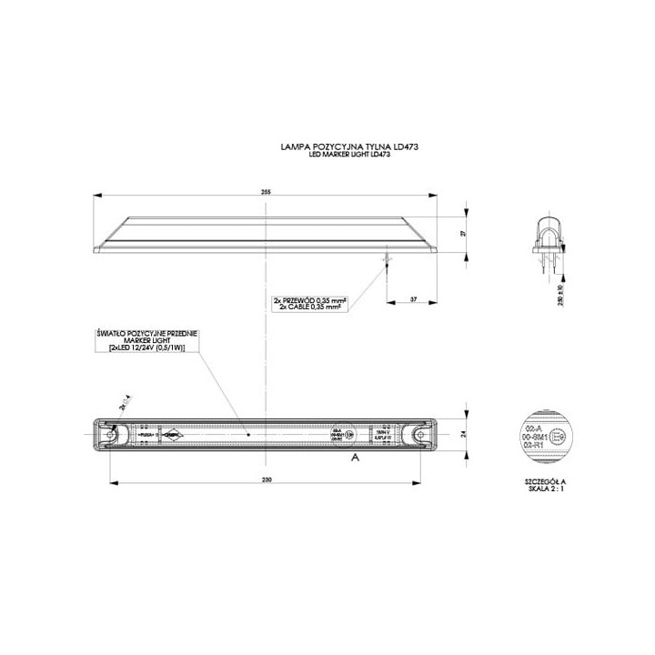 Pozička 255x24 červená LED