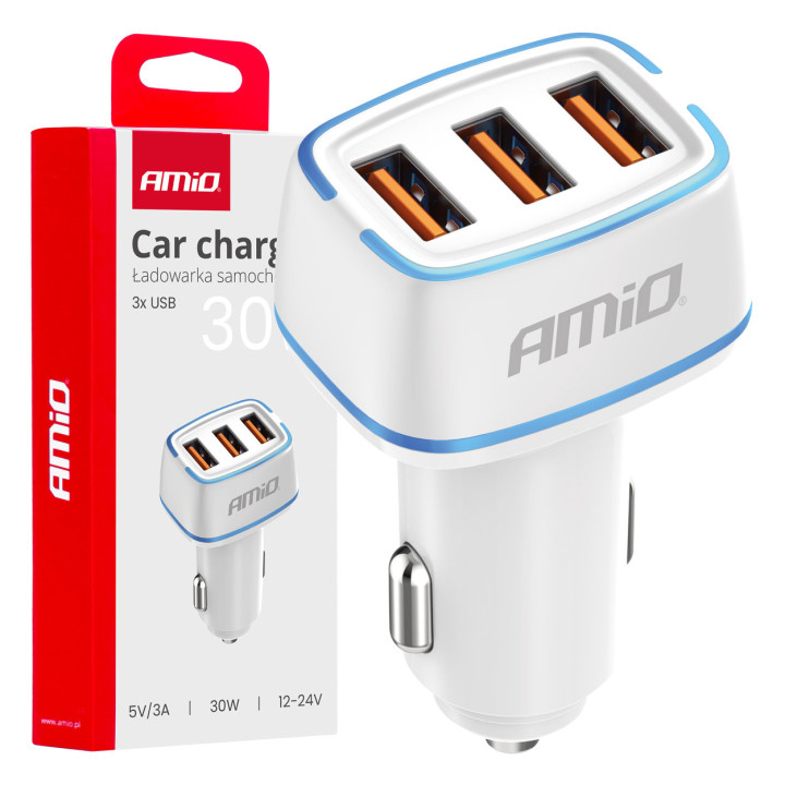 Autonabíjačka do zapaľovača 3x USB 30W biela